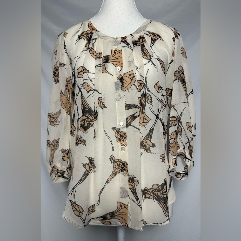 BABATON 100% Silk Sheer‎ Pleated Floral Twee Feminine Career Blouse Size XS
